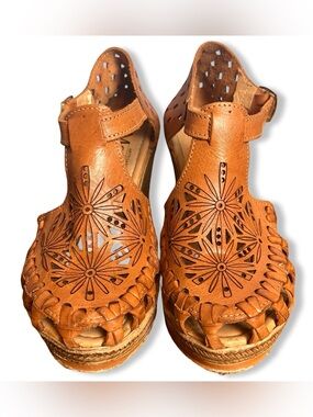 Mateo Artesanias Huarache Wedge Sandals Tan Leather Espadrille Mexico Sz. 5